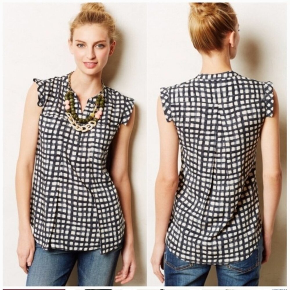 11.1 TVLHO Antrhopologie Black & White Abstract Square Print Blouse Size…